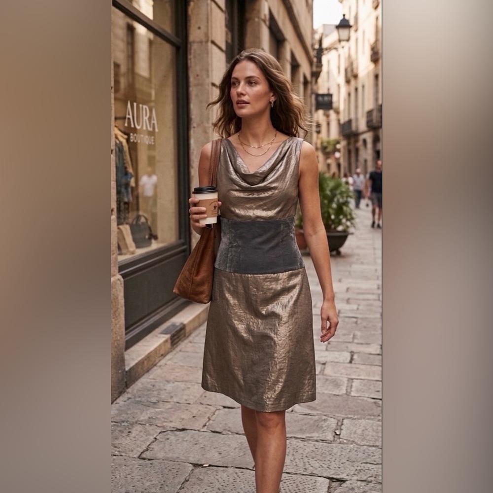 Adriana Papell Bronze Cowl Neck Sleeveless Cocktail Dress